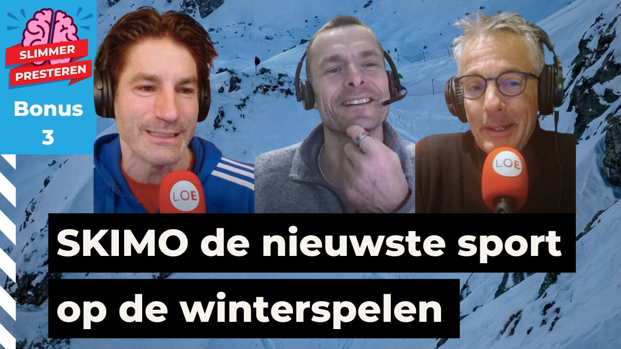 Hoofdvisual van Slimmer Presteren Podcast aflevering over Skimo met Jurgen van Teeffelen, Gerrit Heijkoop en Guido Vroemen.