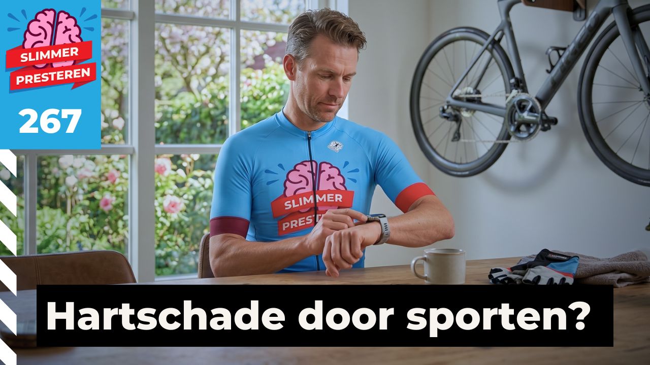 Een wielrenner in het lichtblauwe Slimmer Presteren shirt kijkt kritisch naar zijn smartwatch aan een houten tafel, met op de achtergrond een groene tuin en een racefiets aan de muur.