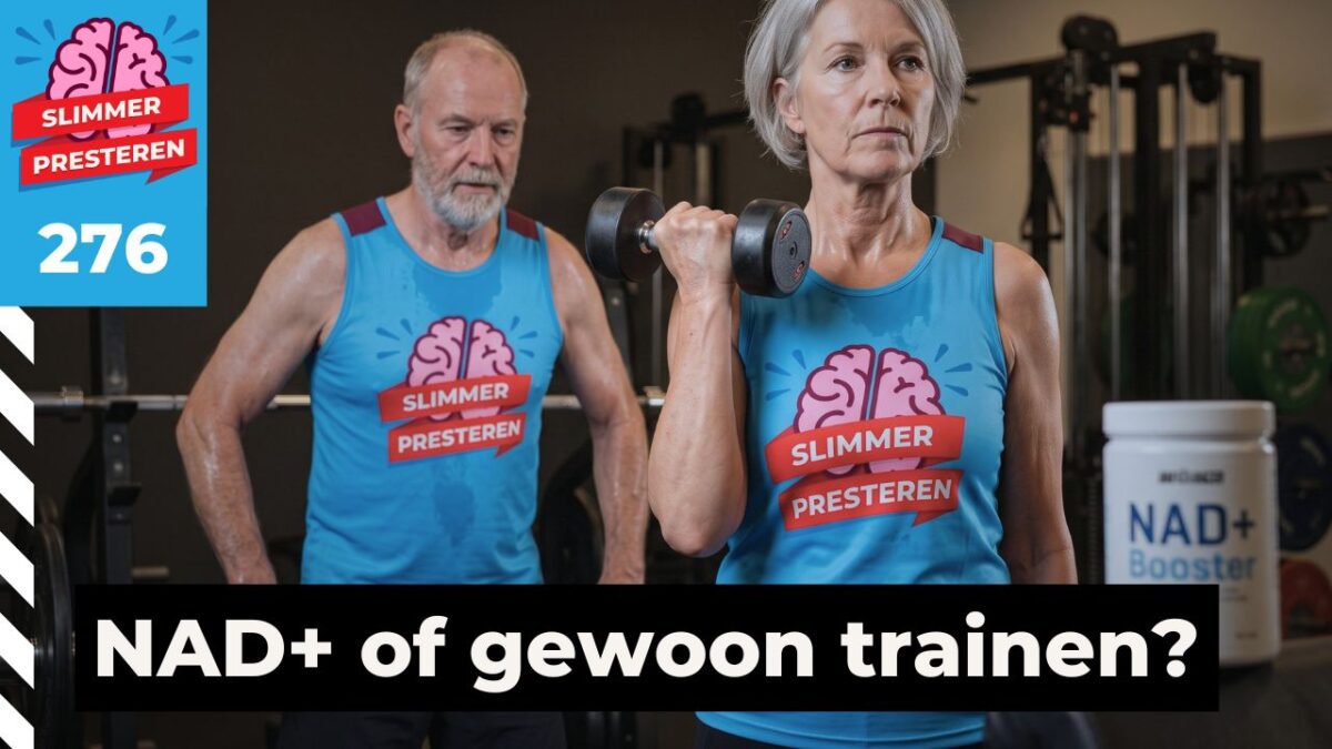 NAD+ booster: een vrouw en een man van in de zestig trainen met halters in een sportschool, naast een potje NAD+ Booster op de bank